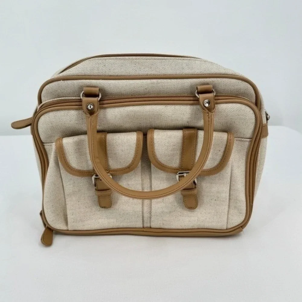 Vintage Faux Canvas Organizer Satchel Bag‎ Tan Cream Multi Pocket Briefcase
